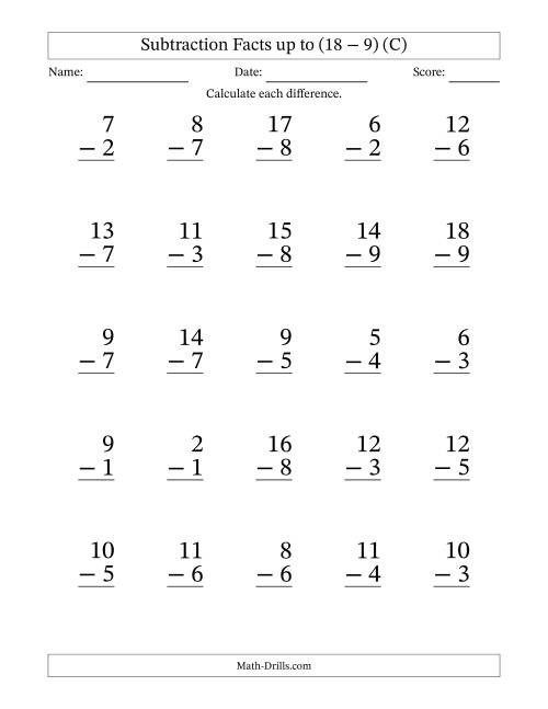 The Subtraction Facts from (2 − 1) to (18 − 9) – 25 Large Print Questions (C) Math Worksheet