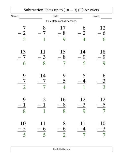 The 25 Vertical Subtraction Facts with Minuends from 2 to 18 (C) Math Worksheet Page 2