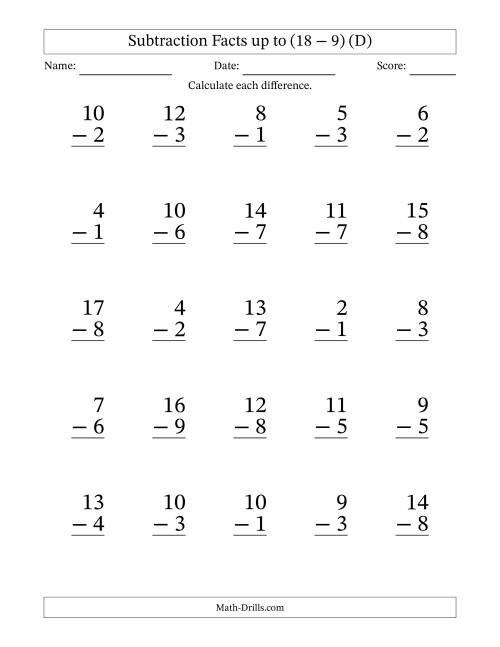 The Subtraction Facts from (2 − 1) to (18 − 9) – 25 Large Print Questions (D) Math Worksheet
