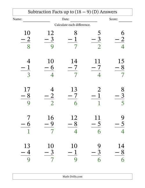 The Subtraction Facts from (2 − 1) to (18 − 9) – 25 Large Print Questions (D) Math Worksheet Page 2