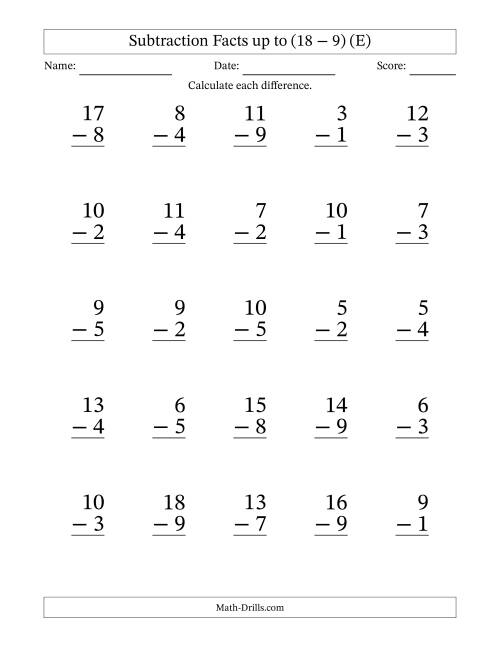 The Subtraction Facts from (2 − 1) to (18 − 9) – 25 Large Print Questions (E) Math Worksheet