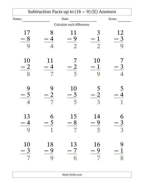 The 25 Vertical Subtraction Facts with Minuends from 2 to 18 (E) Math Worksheet Page 2
