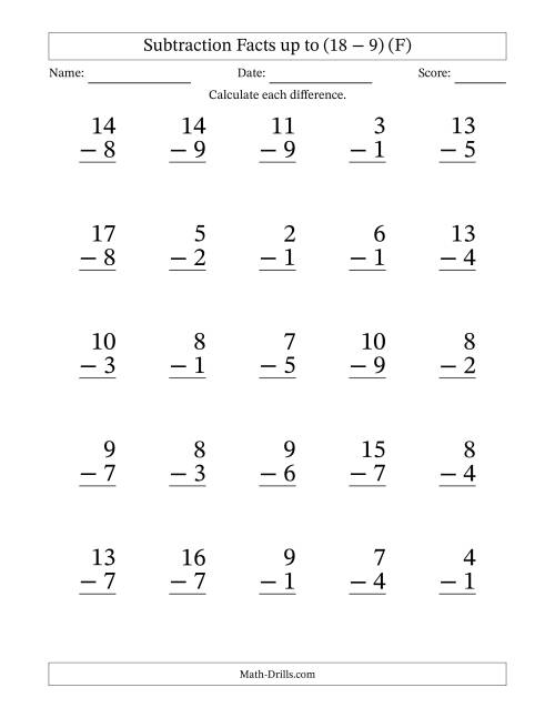 The Subtraction Facts from (2 − 1) to (18 − 9) – 25 Large Print Questions (F) Math Worksheet