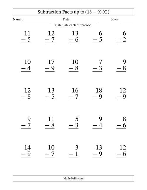 The Subtraction Facts from (2 − 1) to (18 − 9) – 25 Large Print Questions (G) Math Worksheet