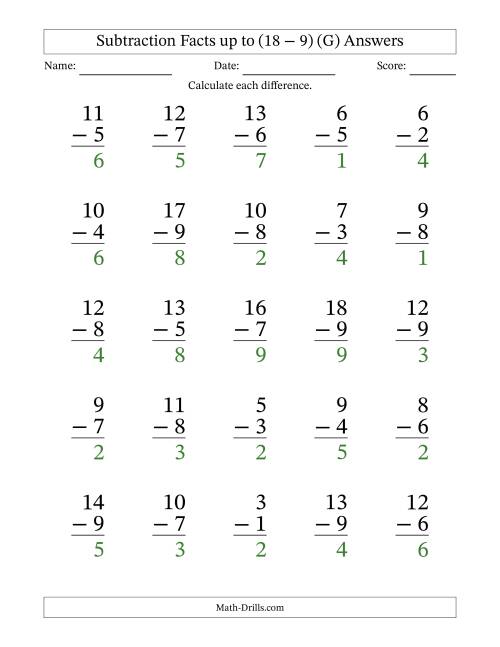The Subtraction Facts from (2 − 1) to (18 − 9) – 25 Large Print Questions (G) Math Worksheet Page 2