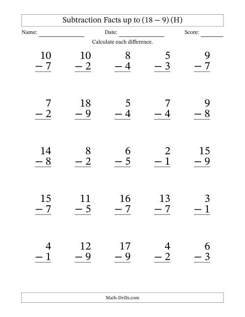 The Subtraction Facts from (2 − 1) to (18 − 9) – 25 Large Print Questions (H) Math Worksheet