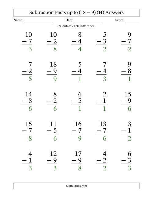 The Subtraction Facts from (2 − 1) to (18 − 9) – 25 Large Print Questions (H) Math Worksheet Page 2