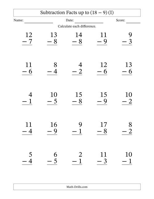The Subtraction Facts from (2 − 1) to (18 − 9) – 25 Large Print Questions (I) Math Worksheet
