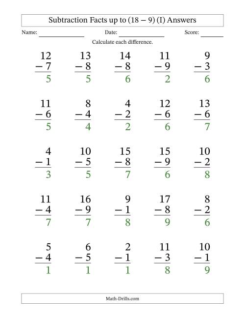 The Subtraction Facts from (2 − 1) to (18 − 9) – 25 Large Print Questions (I) Math Worksheet Page 2