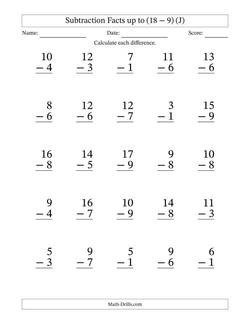 The Subtraction Facts from (2 − 1) to (18 − 9) – 25 Large Print Questions (J) Math Worksheet