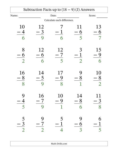 The Subtraction Facts from (2 − 1) to (18 − 9) – 25 Large Print Questions (J) Math Worksheet Page 2