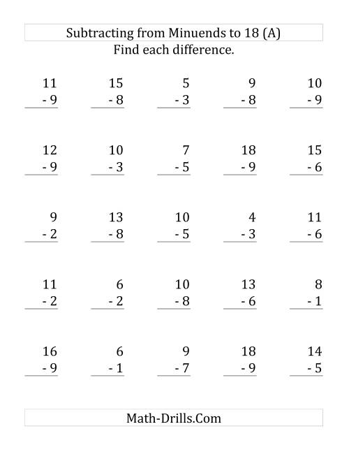 The 25 Subtraction Questions with Minuends up to 18 and No Zeros (Old) Math Worksheet