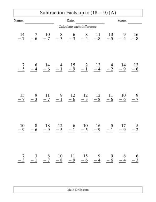 The Subtraction Facts from (2 − 1) to (18 − 9) – 50 Questions (A) Math Worksheet