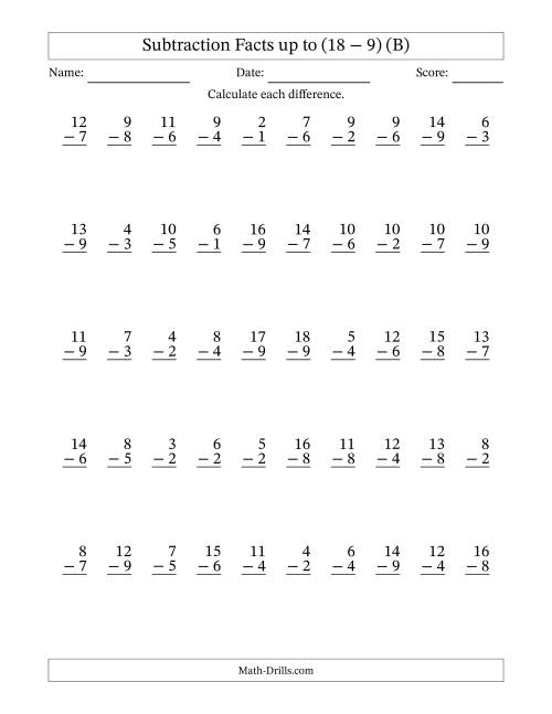 The Subtraction Facts from (2 − 1) to (18 − 9) – 50 Questions (B) Math Worksheet