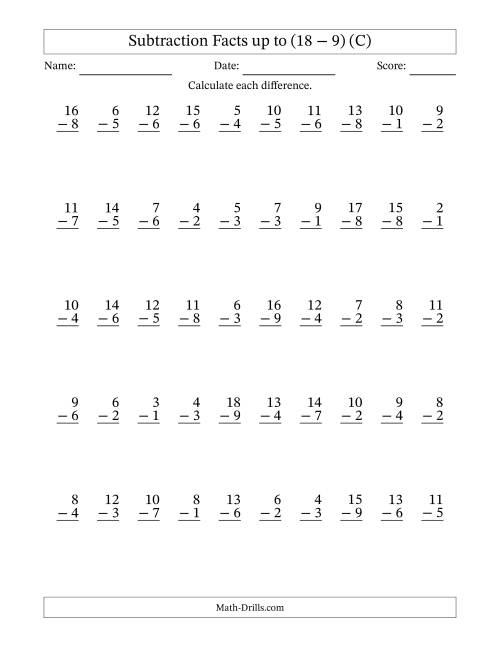 The Subtraction Facts from (2 − 1) to (18 − 9) – 50 Questions (C) Math Worksheet