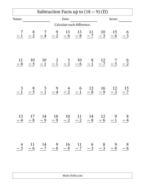The Subtraction Facts from (2 − 1) to (18 − 9) – 50 Questions (D) Math Worksheet