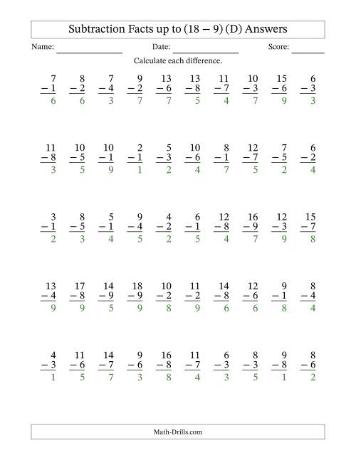 The 50 Vertical Subtraction Facts with Minuends from 2 to 18 (D) Math Worksheet Page 2