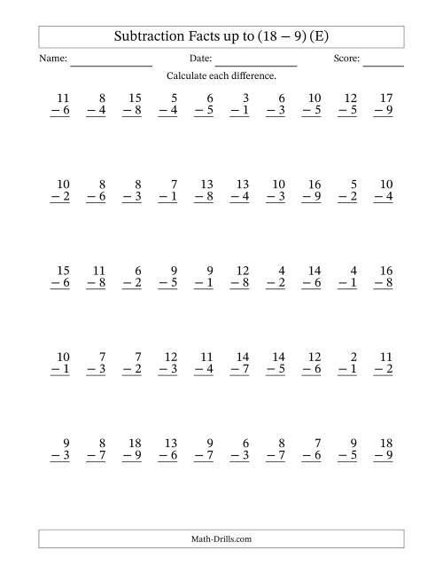 The Subtraction Facts from (2 − 1) to (18 − 9) – 50 Questions (E) Math Worksheet