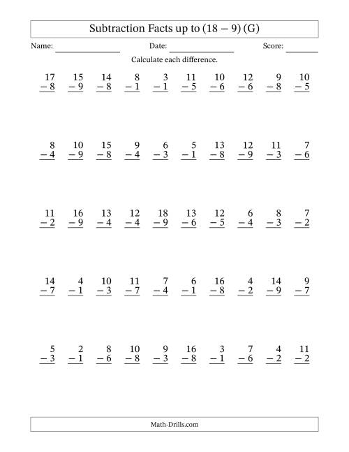 The Subtraction Facts from (2 − 1) to (18 − 9) – 50 Questions (G) Math Worksheet