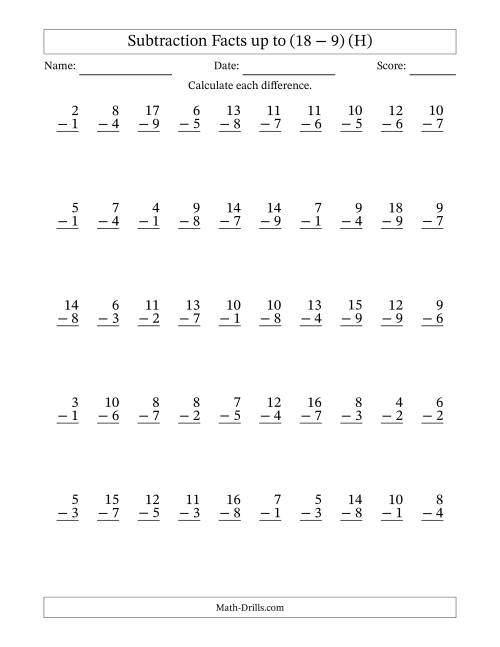 The 50 Vertical Subtraction Facts with Minuends from 2 to 18 (H) Math Worksheet