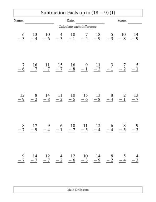 The 50 Vertical Subtraction Facts with Minuends from 2 to 18 (I) Math Worksheet