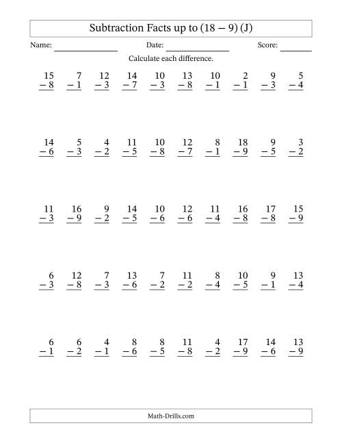 The 50 Vertical Subtraction Facts with Minuends from 2 to 18 (J) Math Worksheet