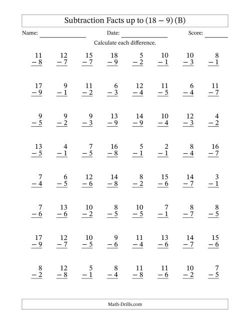 The Subtraction Facts from (2 − 1) to (18 − 9) – 64 Questions (B) Math Worksheet