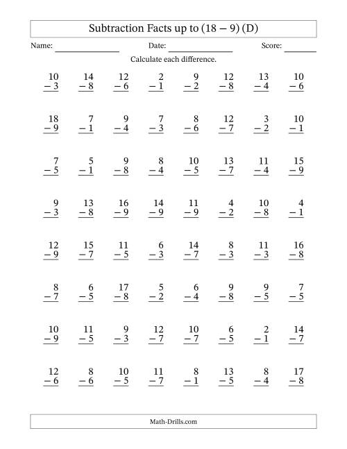 The Subtraction Facts from (2 − 1) to (18 − 9) – 64 Questions (D) Math Worksheet