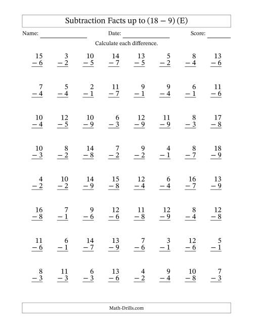 The 64 Vertical Subtraction Facts with Minuends from 2 to 18 (E) Math Worksheet