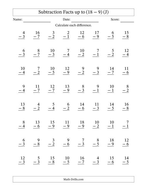 The 64 Vertical Subtraction Facts with Minuends from 2 to 18 (J) Math Worksheet