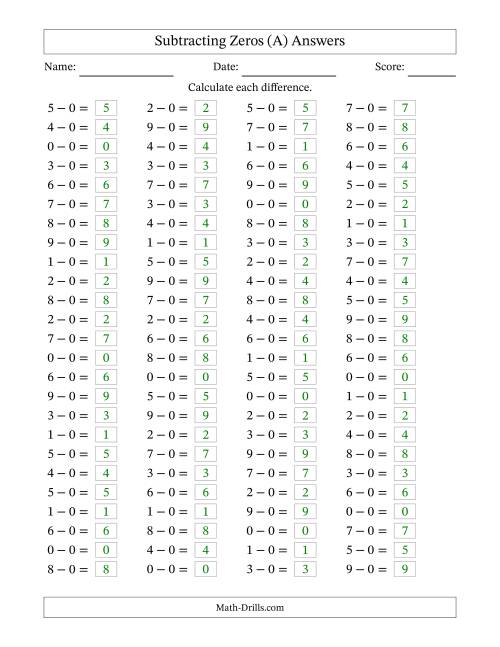 The Horizontally Arranged Subtracting Zeros with Differences from 0 to 9 (100 Questions) (A) Math Worksheet Page 2