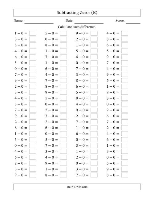 The Horizontally Arranged Subtracting Zeros with Differences from 0 to 9 (100 Questions) (B) Math Worksheet