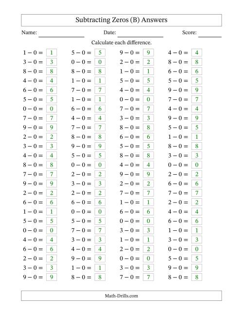The Horizontally Arranged Subtracting Zeros with Differences from 0 to 9 (100 Questions) (B) Math Worksheet Page 2
