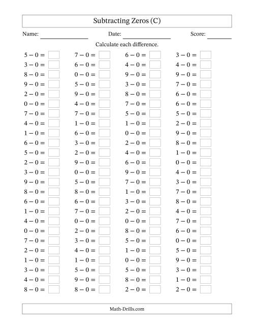 The Horizontally Arranged Subtracting Zeros with Differences from 0 to 9 (100 Questions) (C) Math Worksheet