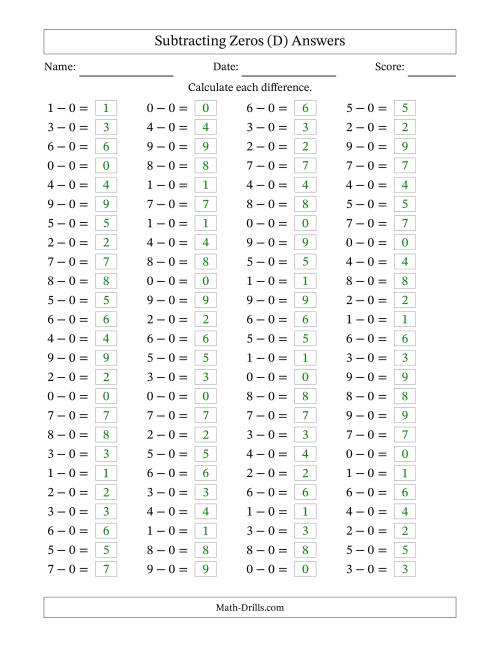 The Subtracting 0 (100 Horizontal Questions) (D) Math Worksheet Page 2