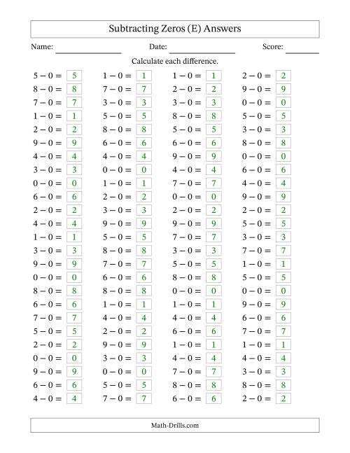 The Horizontally Arranged Subtracting Zeros with Differences from 0 to 9 (100 Questions) (E) Math Worksheet Page 2