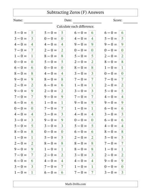The Horizontally Arranged Subtracting Zeros with Differences from 0 to 9 (100 Questions) (F) Math Worksheet Page 2