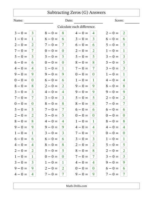 The Horizontally Arranged Subtracting Zeros with Differences from 0 to 9 (100 Questions) (G) Math Worksheet Page 2