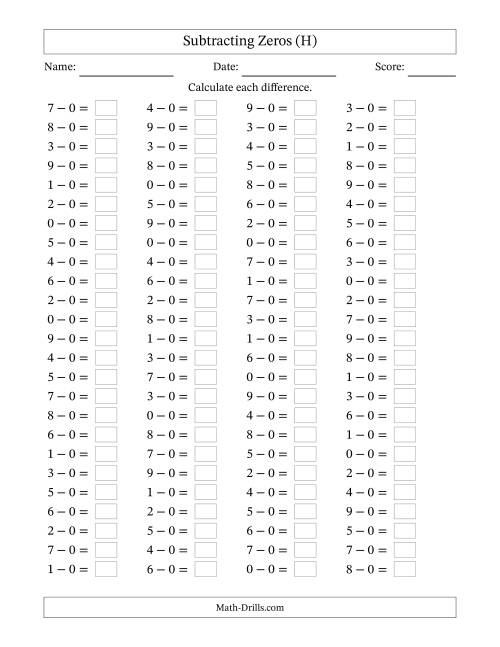 The Horizontally Arranged Subtracting Zeros with Differences from 0 to 9 (100 Questions) (H) Math Worksheet