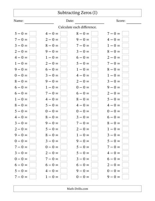 The Subtracting 0 (100 Horizontal Questions) (I) Math Worksheet