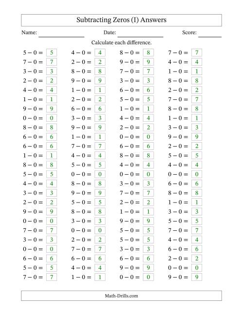 The Subtracting 0 (100 Horizontal Questions) (I) Math Worksheet Page 2