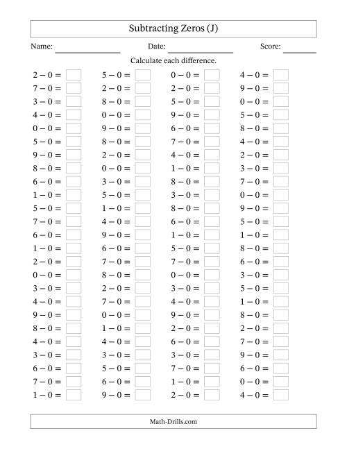 The Horizontally Arranged Subtracting Zeros with Differences from 0 to 9 (100 Questions) (J) Math Worksheet