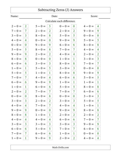 The Horizontally Arranged Subtracting Zeros with Differences from 0 to 9 (100 Questions) (J) Math Worksheet Page 2