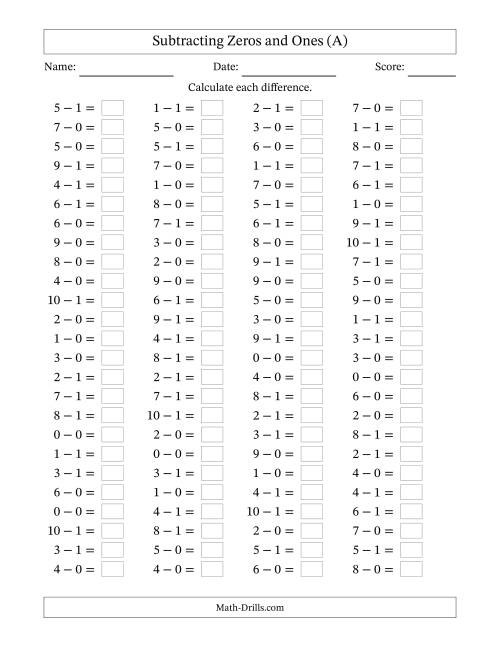 The Horizontally Arranged Subtracting Zeros and Ones with Differences from 0 to 9 (100 Questions) (A) Math Worksheet