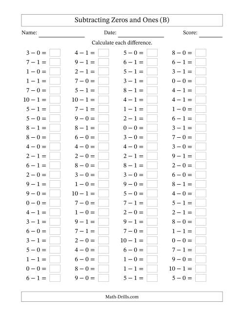 The Horizontally Arranged Subtracting Zeros and Ones with Differences from 0 to 9 (100 Questions) (B) Math Worksheet