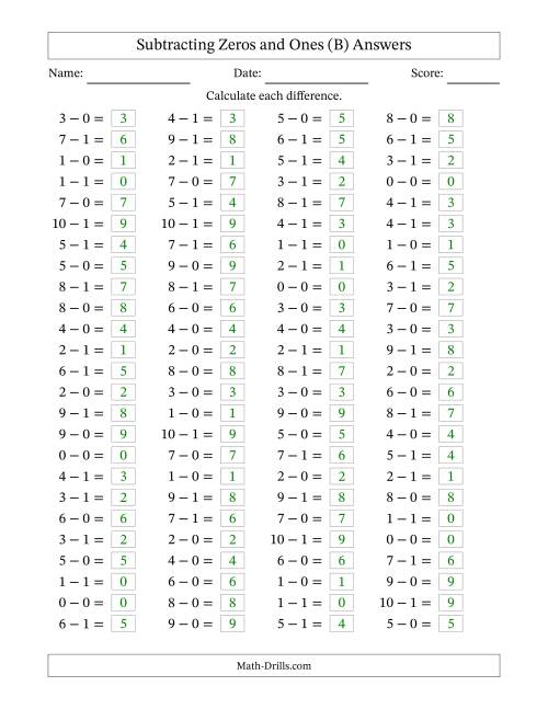 The Horizontally Arranged Subtracting Zeros and Ones with Differences from 0 to 9 (100 Questions) (B) Math Worksheet Page 2