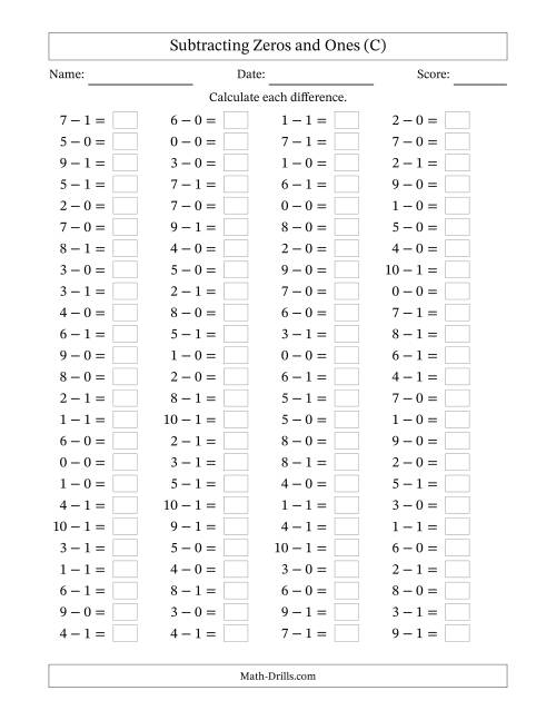 The Horizontally Arranged Subtracting Zeros and Ones with Differences from 0 to 9 (100 Questions) (C) Math Worksheet