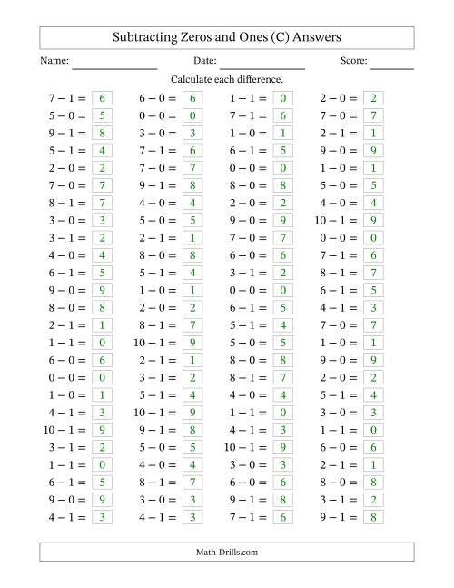 The Horizontally Arranged Subtracting Zeros and Ones with Differences from 0 to 9 (100 Questions) (C) Math Worksheet Page 2