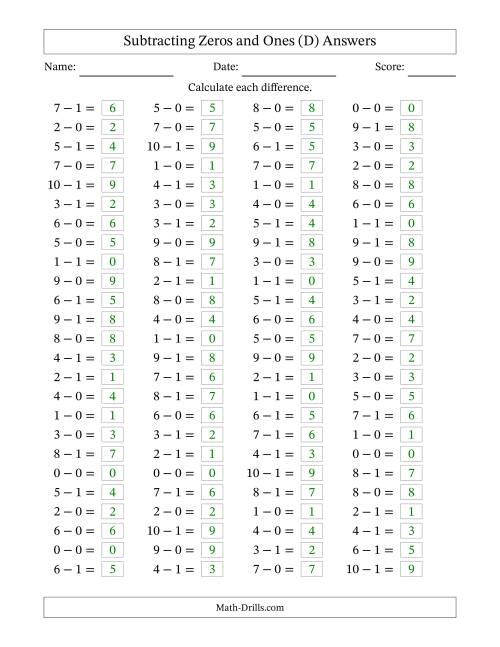 The Horizontally Arranged Subtracting Zeros and Ones with Differences from 0 to 9 (100 Questions) (D) Math Worksheet Page 2