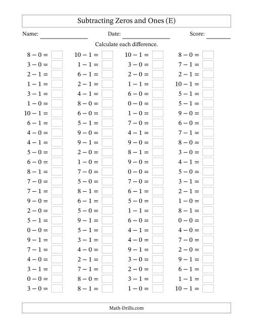 The Horizontally Arranged Subtracting Zeros and Ones with Differences from 0 to 9 (100 Questions) (E) Math Worksheet